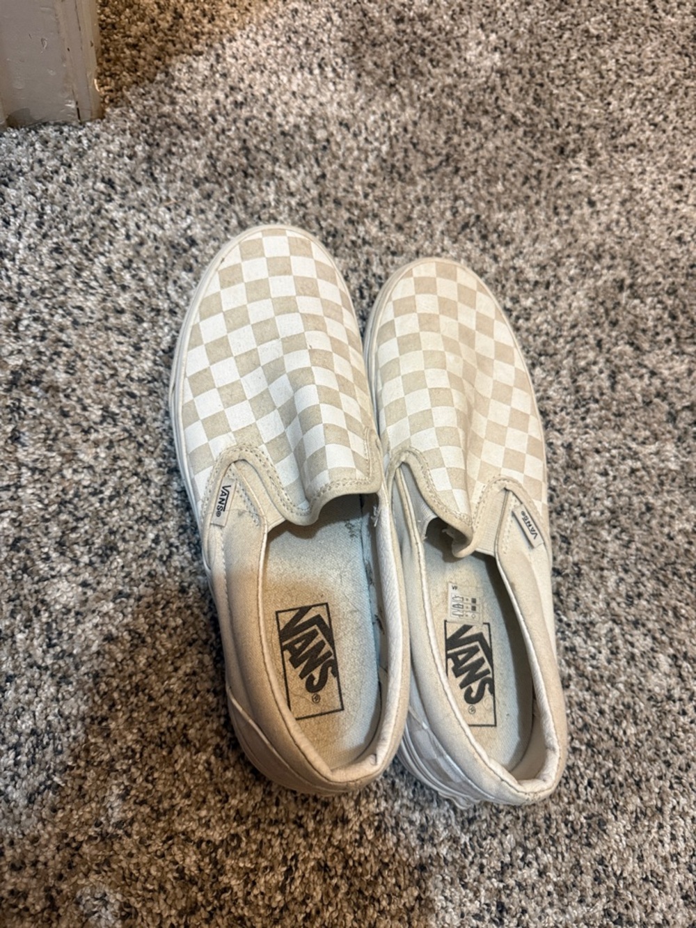 Vans Slip-On Checkerboard Sneakers in Beige and White